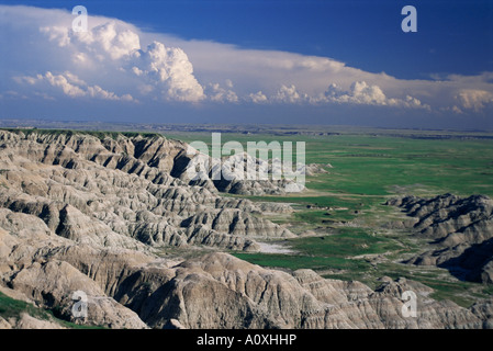 Gullies eroded into the Pierre shales below Loop Road Sage Creek wilderness Badlands National Park South Dakota United States Stock Photo