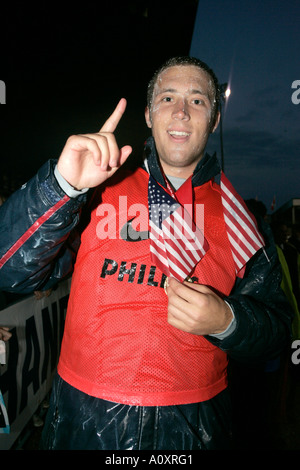 Number 1 USA goalkeeper Chris Seitz celebrates winning the Elite section of Northern Irelands Milk Cup Stock Photo