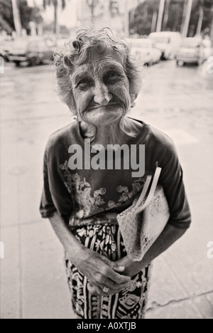 CUBA HAVANA Elderly woman outside the Hotel Inglatera in Habana Vieja Stock Photo