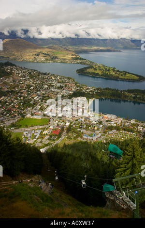 NEW ZEALAND Queenstown City on shores of Lake Waktipu viewed from Bob s Peak mountains gondola Stock Photo