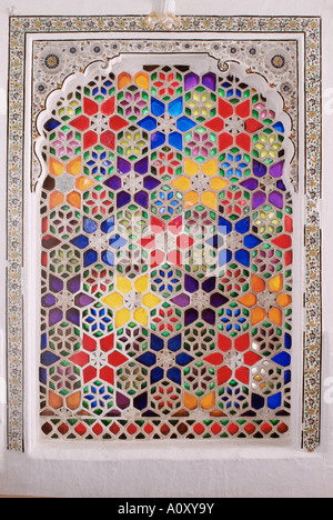 Coloured glass Jali in hallway within the palace Deo Garh Palace Hotel Deo Garh Deogarh Rajasthan state India Asia Stock Photo