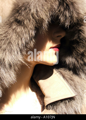 female mannequin wearing fur coat in shop window Stock Photo