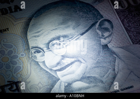 Close-up of picture of Mahatma Gandhi printed on an Indian one hundred rupee banknote Stock Photo