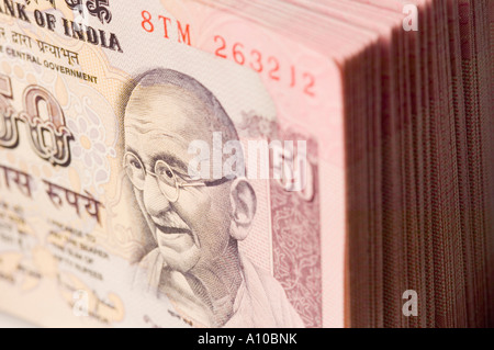Close-up of picture of Mahatma Gandhi printed on Indian fifty rupee banknote Stock Photo