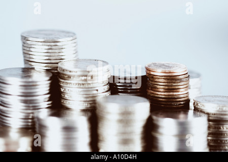 Close-up of stacks of Indian coins of different denominations Stock Photo