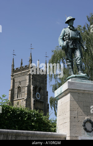 The War Memorial soldier in first war uniform Evesham tower church Stock Photo