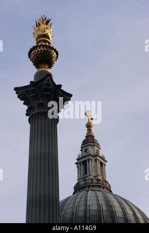 Column in Paternoster Square with St Pauls Cathedral dome in the background Stock Photo