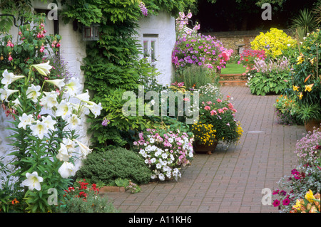 Brick Patio, English traditional, classic, summer, country Cottage, colourful, house, home, containers, roses, lillies, planters Stock Photo