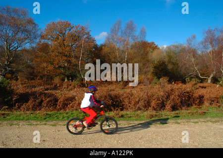 Child Cycling in New Forest, Hampshire, England, UK, GB. Stock Photo