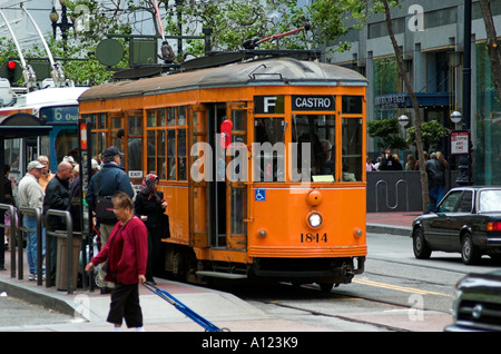 Historic trolley car in Market Street, San Francisco, California, USA Stock Photo