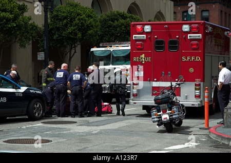 San Francisco Fire Department attending a road traffic accident on Cyril Magnin and Ellis Street, San Francisco, California, USA Stock Photo