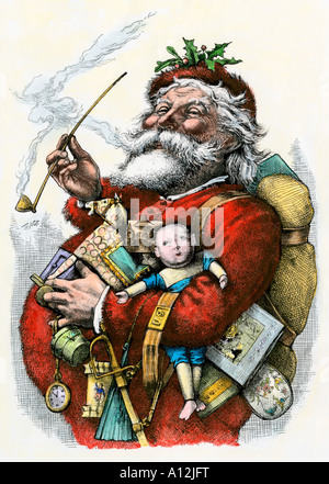 Merry old Santa Claus 1880s. Hand-colored woodcut of a Thomas Nast illustration Stock Photo