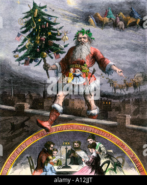 Santa Claus on a rooftop carrying a decorated Christmas tree 1860s. Hand-colored woodcut of a Thomas Nast illustration Stock Photo