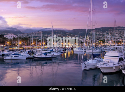 Portugal, Madeira island, Funchal marina at dusk Stock Photo