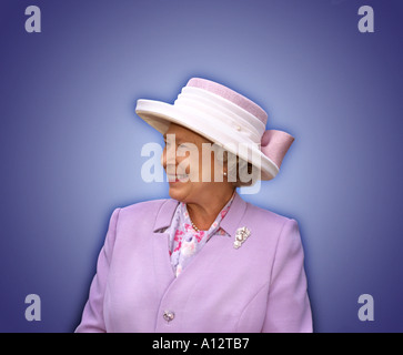 QUEEN ELIZABETH HRH A smiling cut out portrait of a happy HRH Queen Elizabeth II cut out on a royal blue background with drop shadow Stock Photo