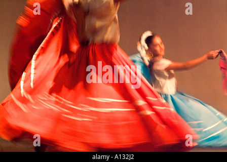 Mexican Ballet Dancers in red and blue skirts in blurred motion Stock Photo