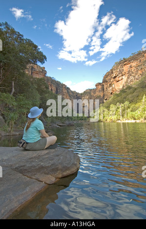 A female hiker contemplates the Jim Jim Falls amphitheatre and Gorge in Australia s Northern Territory Stock Photo