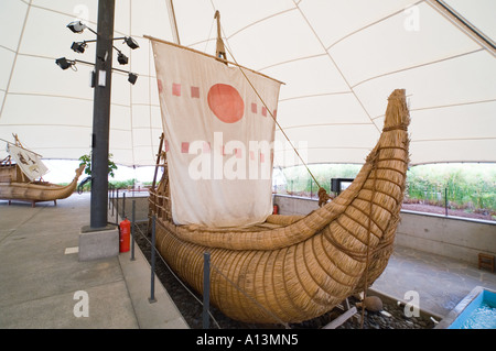 Thor Heyerdahl sun boat Ra replica at Pyramids of Guimar Tenerife Canary Islands Stock Photo