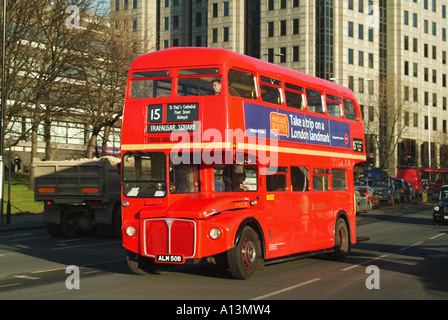 London Tower Hill refurbished Routemaster bus on tourist route 15 with advertising promoting  Heritage Routes Stock Photo