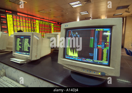 Computer screens displaying chart, graph, and diagram from the Shanghai stock market exchange. Stock Photo