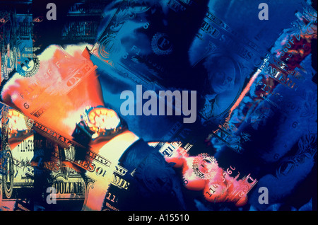 Computer generated montage of money superimposed over an image of a man checking his watch on his wrist Stock Photo