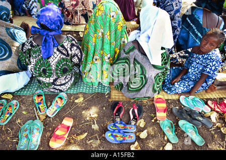 Muslim Fulanis make prayers for the Islamic holiday of Rammadan in the West African country of Guinea Bissau. Guinea Bissau is Stock Photo