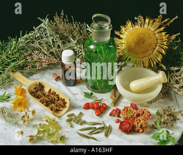 Dried plants, herbs and yellow rose flower petals in a grey, dirty clay pot.  Messy wiccan witch altar with ingredients ready to make cast a spell Stock  Photo - Alamy