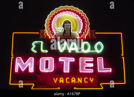 El Vado Motel neon sign at night on Route 66, Central Avenue, Albuquerque, New Mexico, USA Stock Photo