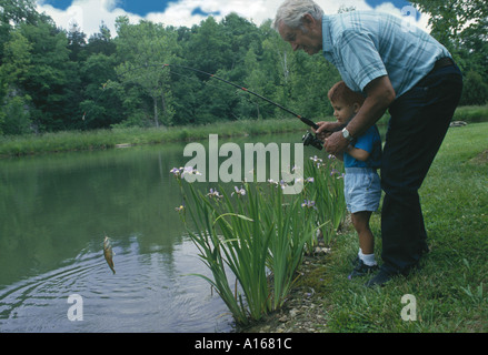 Success! A grandfather and grandson catch a small fish together in a pond , Midwest USA Stock Photo