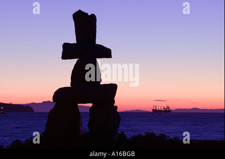 Vancouver British Columbia Canada Inukshuk at English Bay Beach Stock Photo