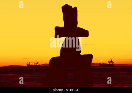 Vancouver British Columbia Canada Inukshuk at English Bay Beach Stock Photo