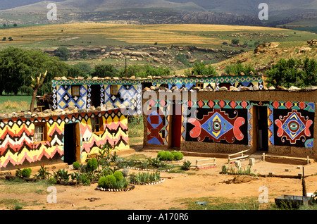 South Africa Ndebele house Orange Free State woman Stock Photo