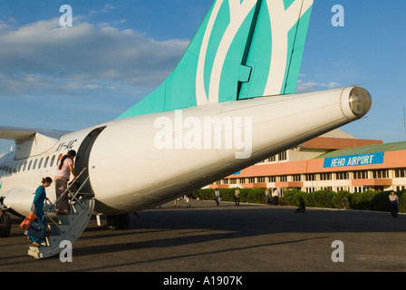 Heho domestic airport Passengers embark on an Air Bagan airplane flight Myanmar 2006 Stock Photo