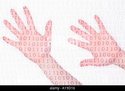 Outreached hands behind veil of zeros and ones Stock Photo