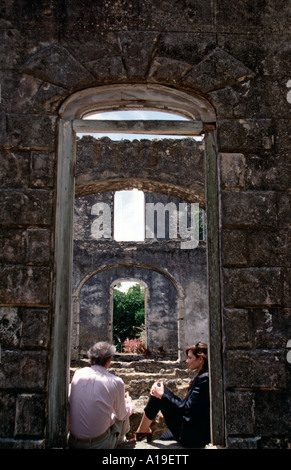 Barbados Farley Hill mansion ruins couple in doorway Stock Photo