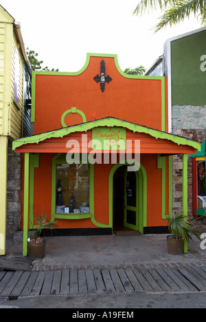 brightly painted shop fronts on redcliffe quay St. Johns Antigua caribbean west indies Stock Photo