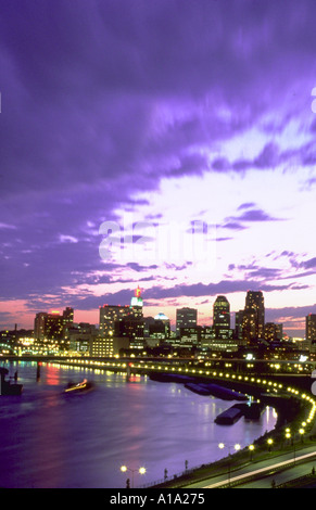 The St. Paul skyline rises along the Mississippi River and is the