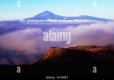 La Gomera:view of Mount Teide,Tenerife,from the Garajonay National Park on Gomera Stock Photo