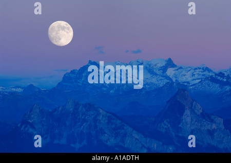 Large and Small Mythen at full moon, Schwyz, Switzerland Stock Photo