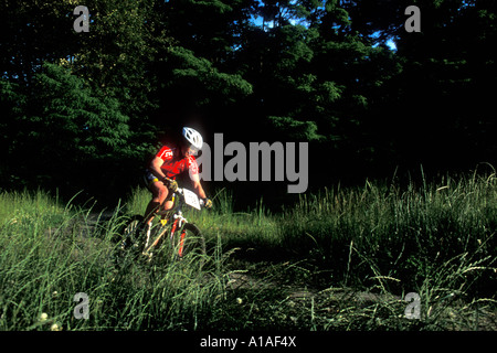 USA Washington Seattle Mountain bike rider races through tall grass in Des Moines Creek Park near Sea Tac Airport Stock Photo