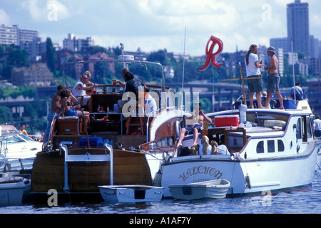 USA Washington Seattle Boats gather on sunny afternoon on Lake Union waiting for 4th of July fireworks Stock Photo