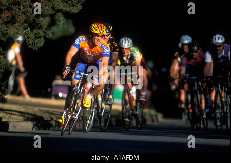 USA Washington Seattle Mens bicycle racers waits for start of weekly road race in Seward Park on summer evening Stock Photo