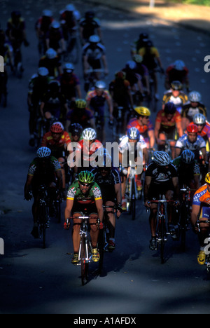 USA Washington Seattle Mens bicycle racers compete on road race course through Seward Park on summer evening Stock Photo