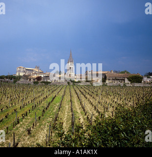 St Emilion medieval walled hilltop village surrounded by vineyards of ...