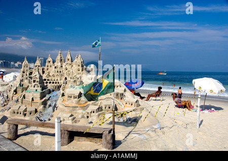 A large sand castle on Copacabana Beach in Rio De Janeiro Brazil Stock Photo