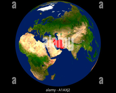 Satellite Image of Earth Showing Iran Highlighted Red Stock Photo