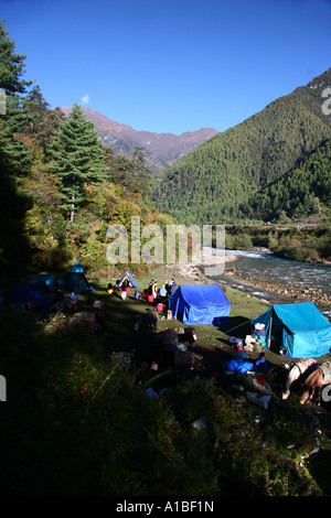 A trekking camp along the Paro Chuu River, Bhutan. Stock Photo