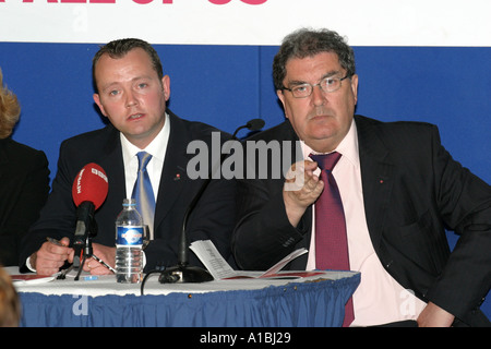 SDLP former leader nobel peace prize winner John Hume MP MEP MLA and Martin Morgan at press conference Belfast Northern Ireland Stock Photo