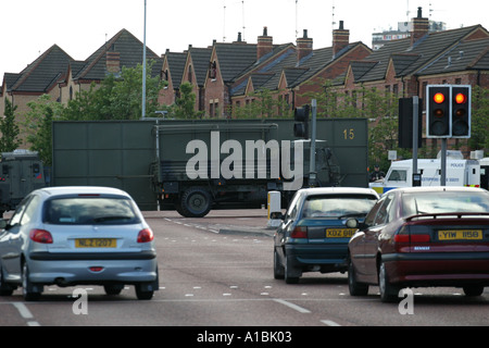 British Army temporary barricade to nationalist area at Millfield north Belfast during loyalist parade Stock Photo