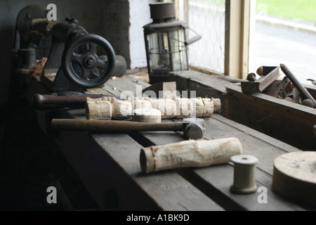 Old Irish woodwork shop bench and tools at the Ulster Folk and